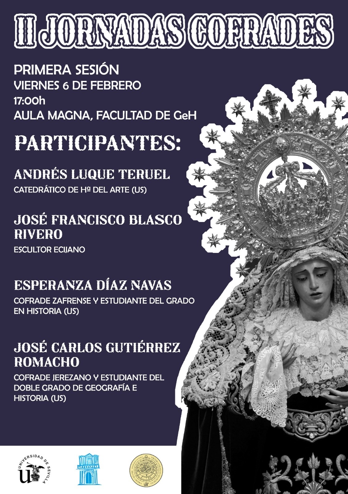 Cartel de las II Jornadas Cofrades en la Facultad de Geografía e Historia de la Universidad de Sevilla