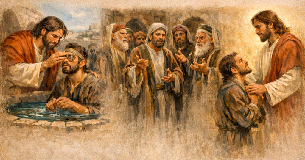 Jesús cura al ciego de nacimiento y lo envía a lavarse a la piscina de Siloé (Evangelio de San Juan 9)