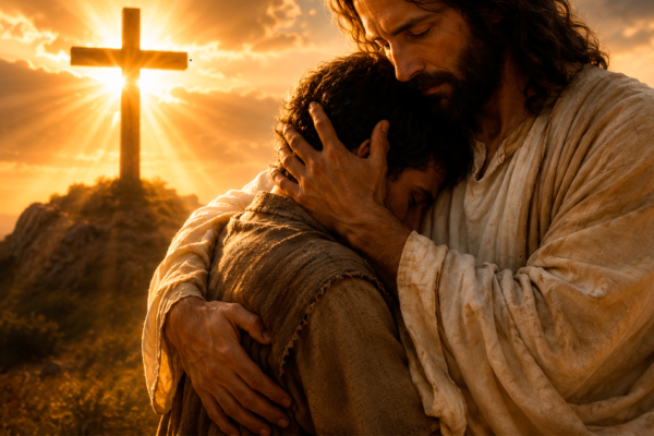 Imagen ilustrativa del Evangelio de Juan 3, 16-18 con una escena de amor, salvación y vida eterna.