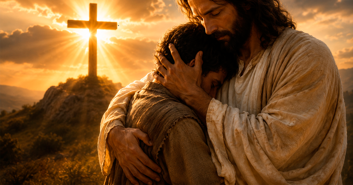Imagen ilustrativa del Evangelio de Juan 3, 16-18 con una escena de amor, salvación y vida eterna.