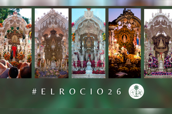 Simpecados de las hermandades rocieras de Sevilla durante su salida hacia la aldea de El Rocío 2026.