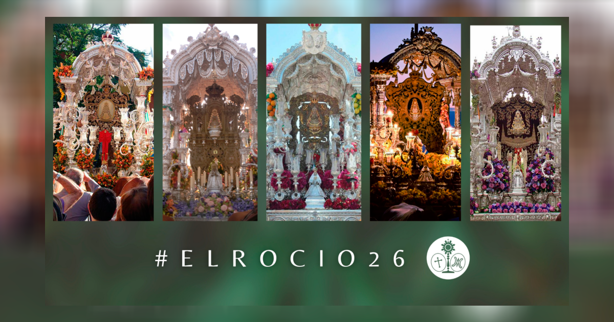 Simpecados de las hermandades rocieras de Sevilla durante su salida hacia la aldea de El Rocío 2026.