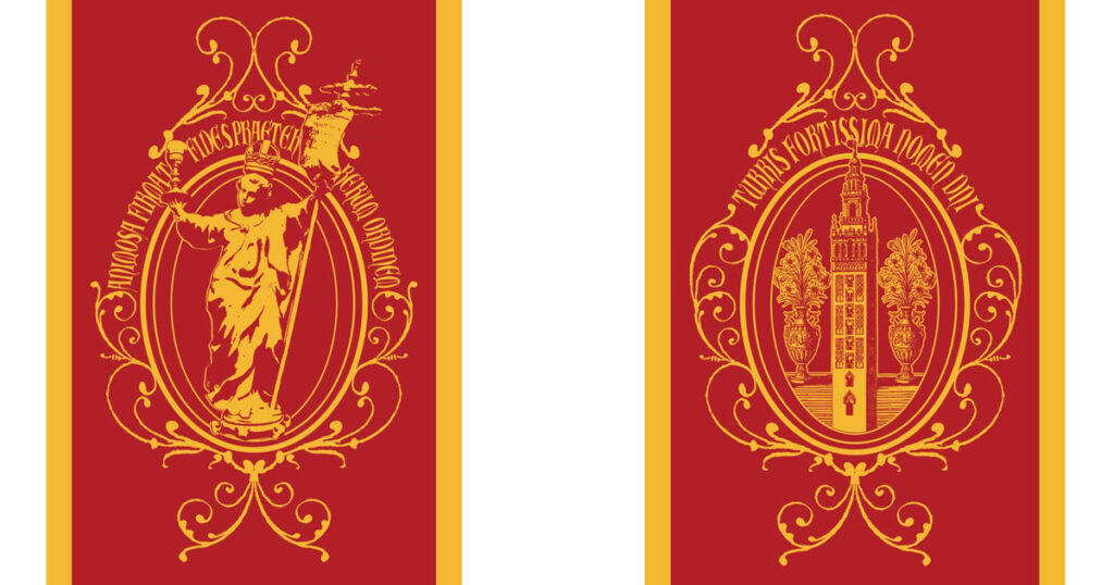 Nuevos gallardetes diseñados para adornar el recorrido oficial del Corpus Christi de Sevilla 2026.