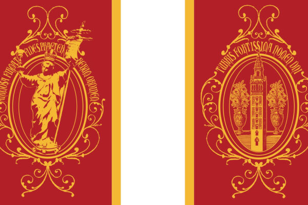Nuevos gallardetes diseñados para adornar el recorrido oficial del Corpus Christi de Sevilla 2026.