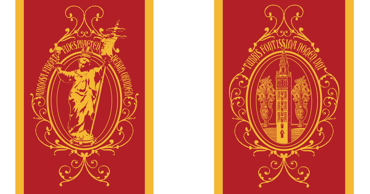 Nuevos gallardetes diseñados para adornar el recorrido oficial del Corpus Christi de Sevilla 2026.