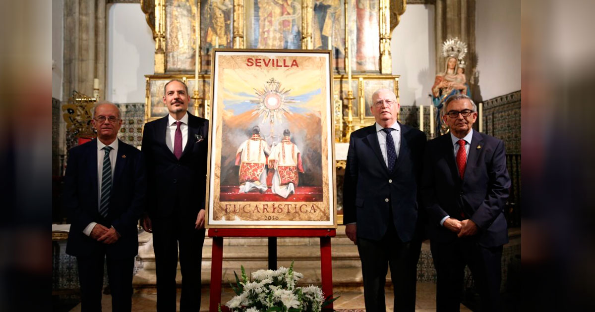 Cartel de la Sevilla Eucarística 2026 realizado por Antonio Álvarez del Pino con una custodia sacramental y acólitos adorando al Santísimo.