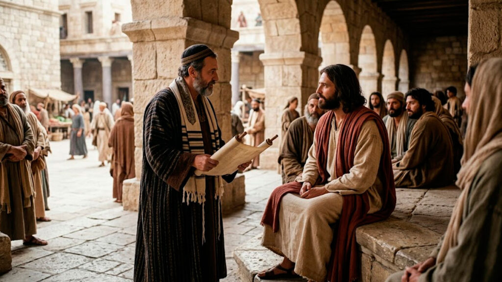 Jesús dialogando con un escriba que sostiene un pergamino en un patio antiguo, representando el pasaje de Marcos 12 28-34.