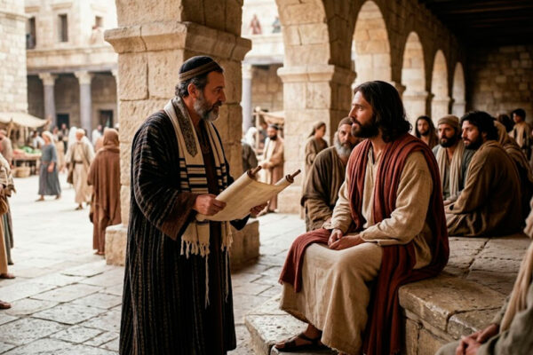 Jesús dialogando con un escriba que sostiene un pergamino en un patio antiguo, representando el pasaje de Marcos 12 28-34.