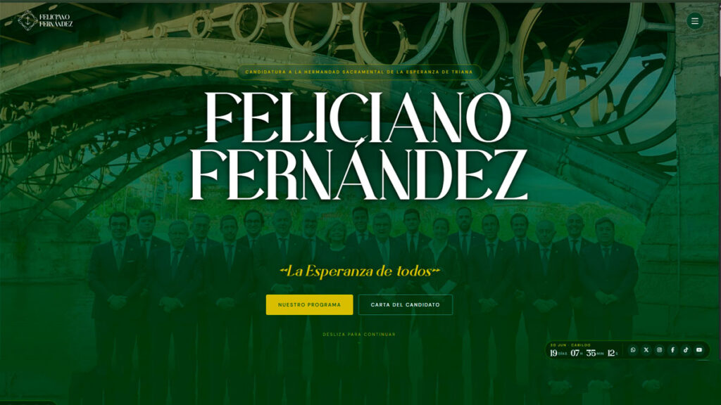 Imagen promocional de la candidatura de Feliciano Fernández anunciando el lanzamiento de su página web para las elecciones de la Hermandad de la Esperanza de Triana.