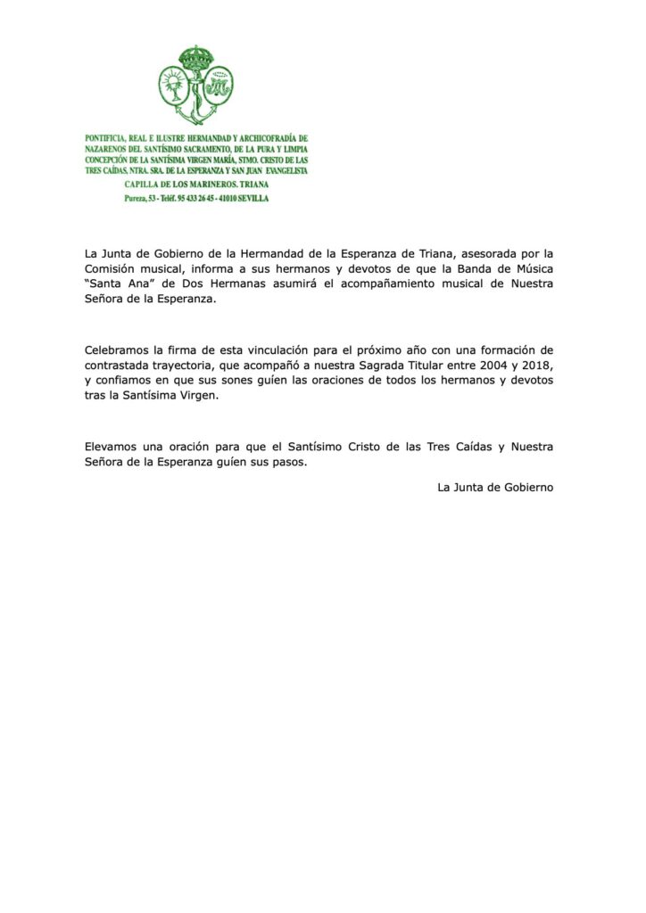comunicado de la hermandad de la esperanza de triana sobre el acompañamiento musical para la semana santa 2027