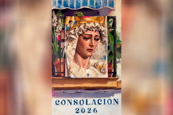 Cartel del Mes de la Virgen 2026 de la Hermandad de la Sed, obra de Rubén Terriza, con Santa María de Consolación representada en un balcón de Nervión.
