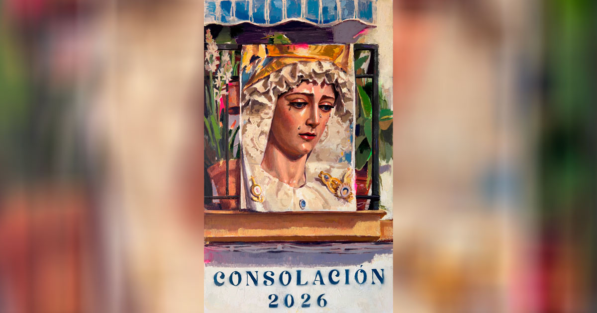 Cartel del Mes de la Virgen 2026 de la Hermandad de la Sed, obra de Rubén Terriza, con Santa María de Consolación representada en un balcón de Nervión.