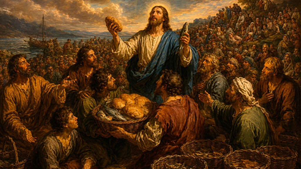 Jesús bendiciendo los cinco panes y los dos peces antes de alimentar milagrosamente a la multitud, según el Evangelio de Mateo 14, 13-21.