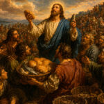 Jesús bendiciendo los cinco panes y los dos peces antes de alimentar milagrosamente a la multitud, según el Evangelio de Mateo 14, 13-21.