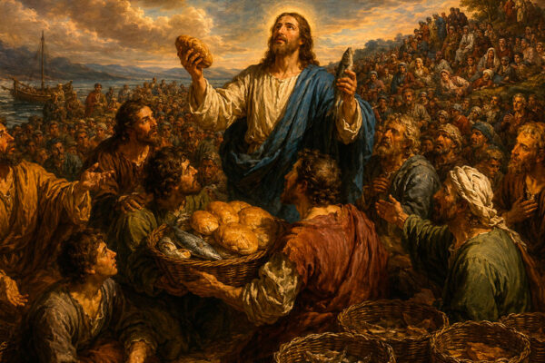 Jesús bendiciendo los cinco panes y los dos peces antes de alimentar milagrosamente a la multitud, según el Evangelio de Mateo 14, 13-21.